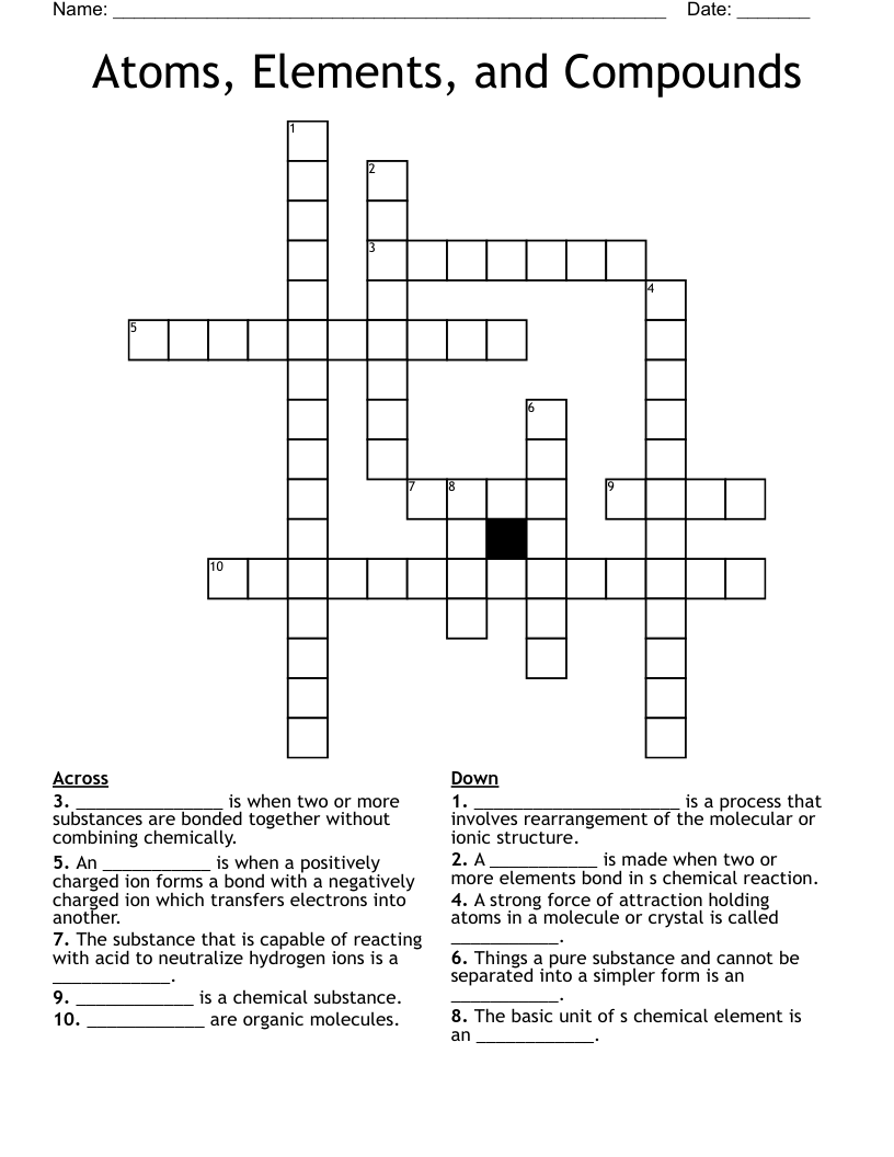 Atoms, Elements, and Compounds Crossword