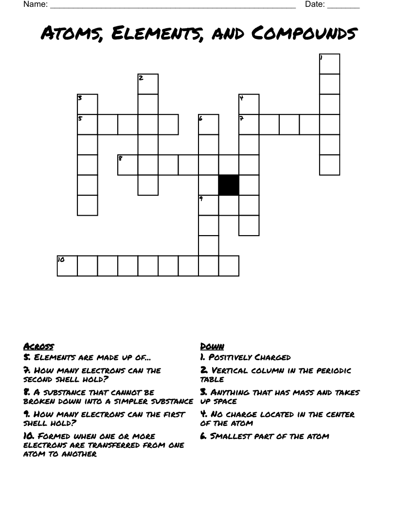 Atoms, Elements, and Compounds Crossword