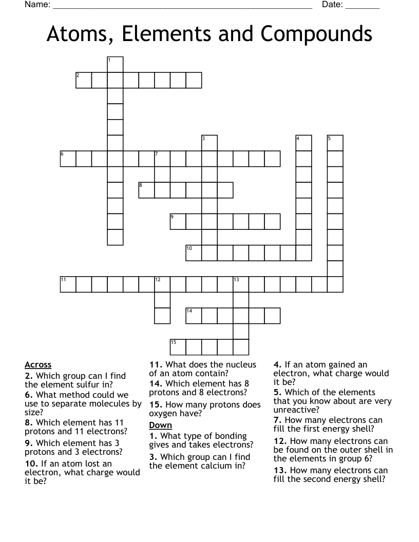Atoms, Elements and Compounds  Crossword