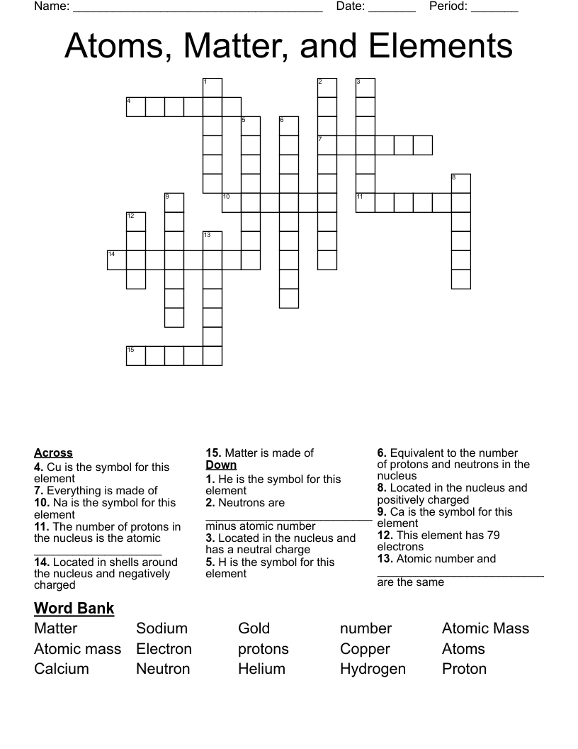 Atoms, Matter, and Elements  Crossword
