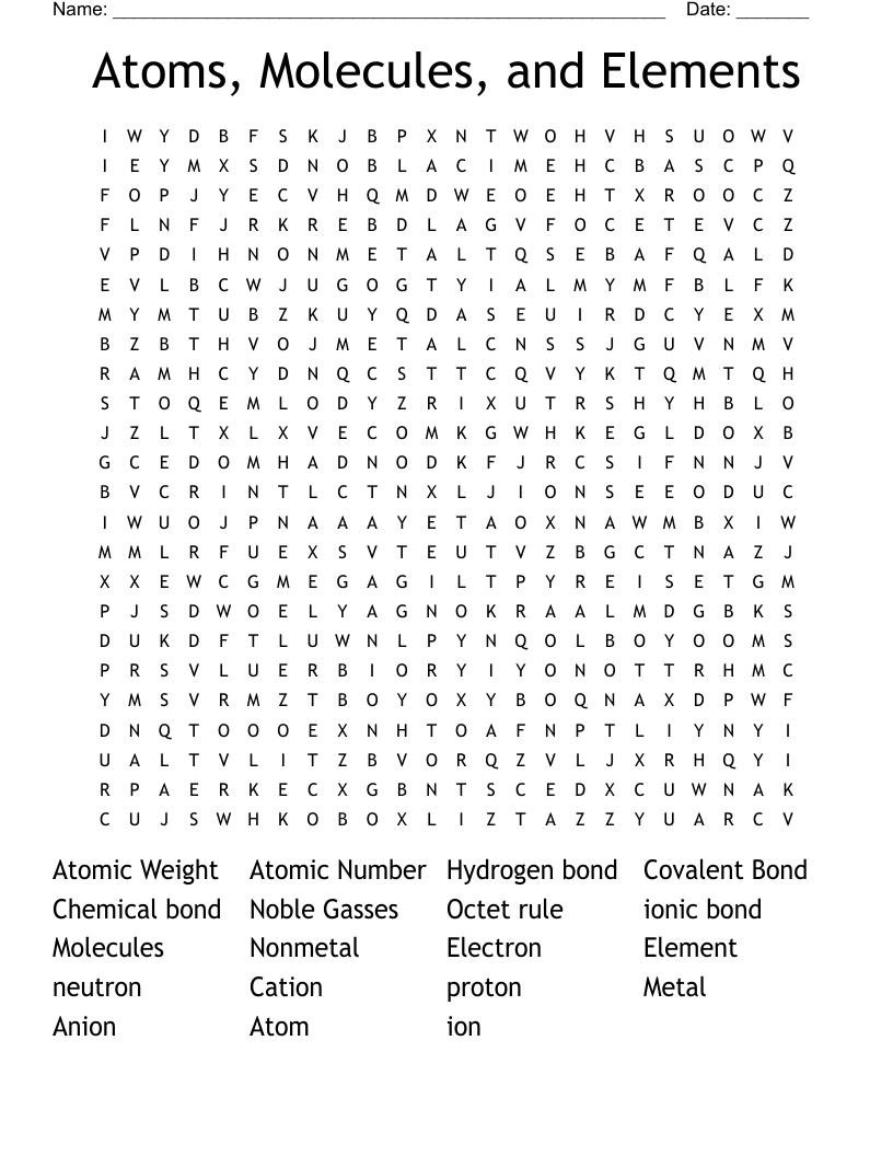 Atoms, Molecules, and Elements Word Search