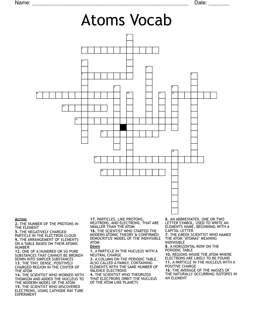 Atoms Vocab Crossword
