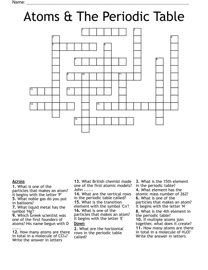 Atoms & The Periodic Table Crossword