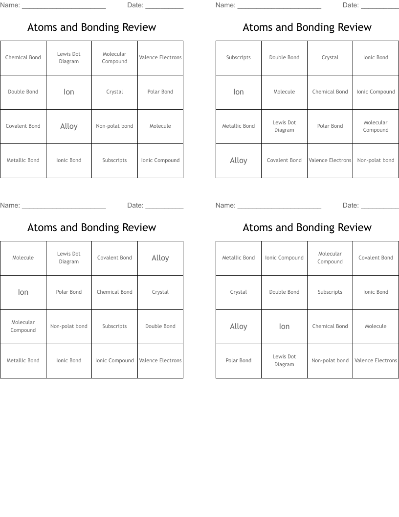 Atoms and Bonding Review Bingo Cards