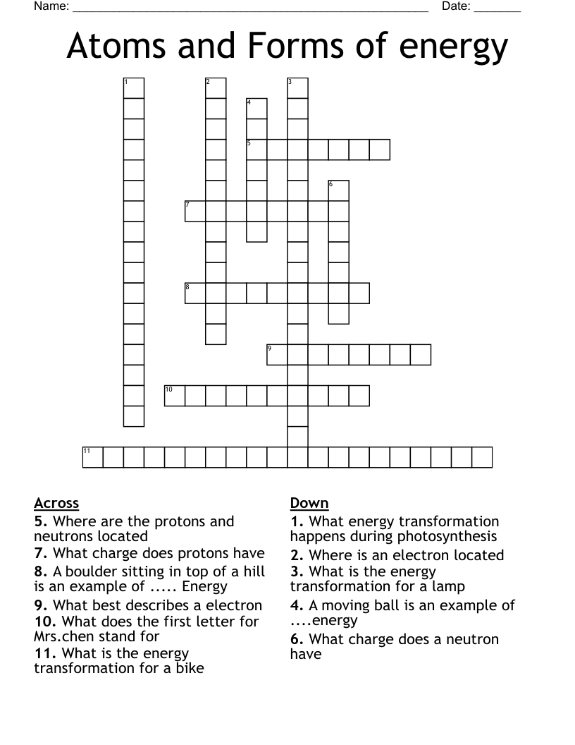Atoms and Forms of energy Crossword