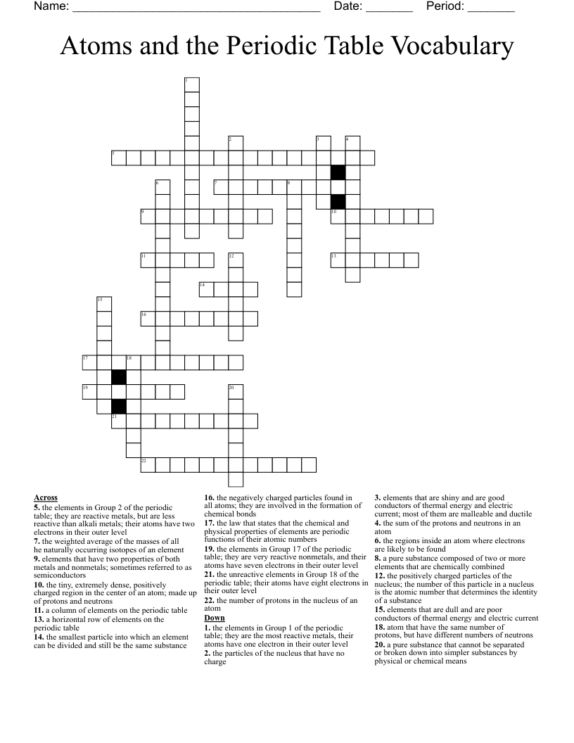 Atoms and the Periodic Table Vocabulary Crossword