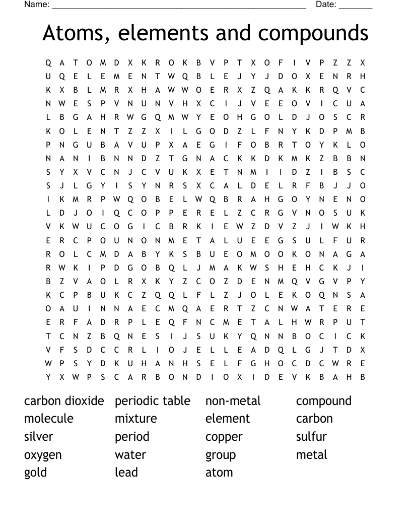Atoms, elements and compounds Word Search