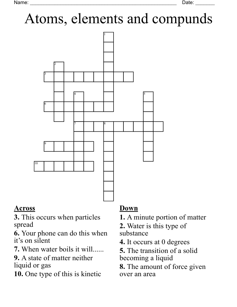 Atoms, elements and compunds Crossword