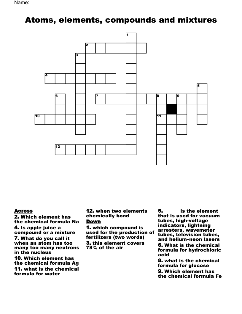 Atoms, elements, compounds and mixtures Crossword