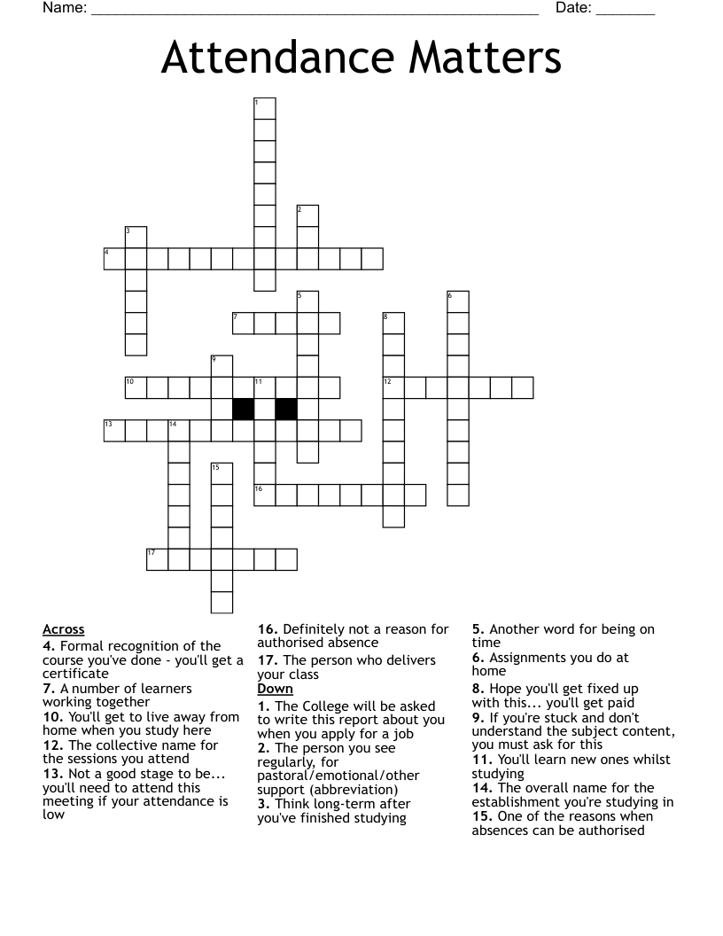 Attendance Matters Crossword