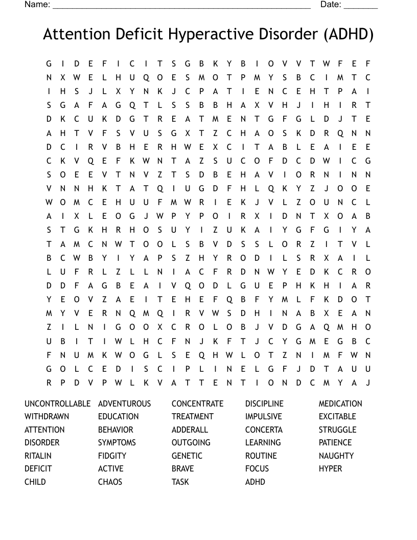 Attention Deficit Hyperactive Disorder (ADHD) Word Search