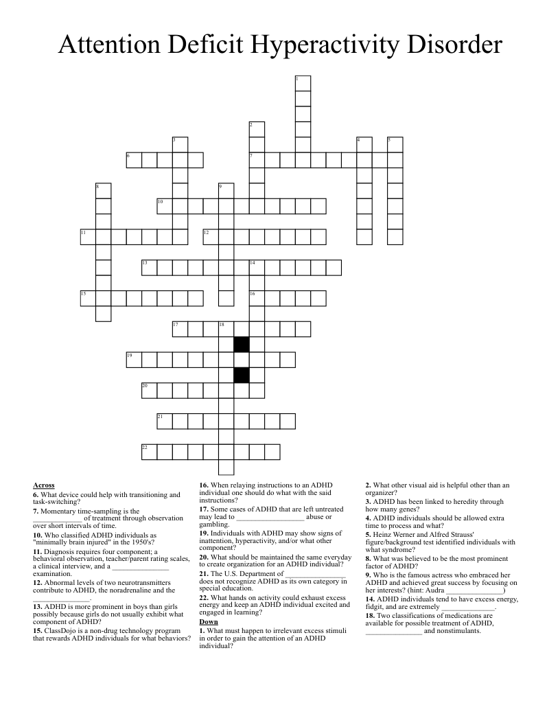 Attention Deficit Hyperactivity Disorder Crossword