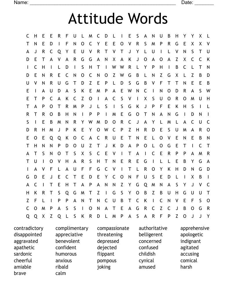 Attitude Words Word Search