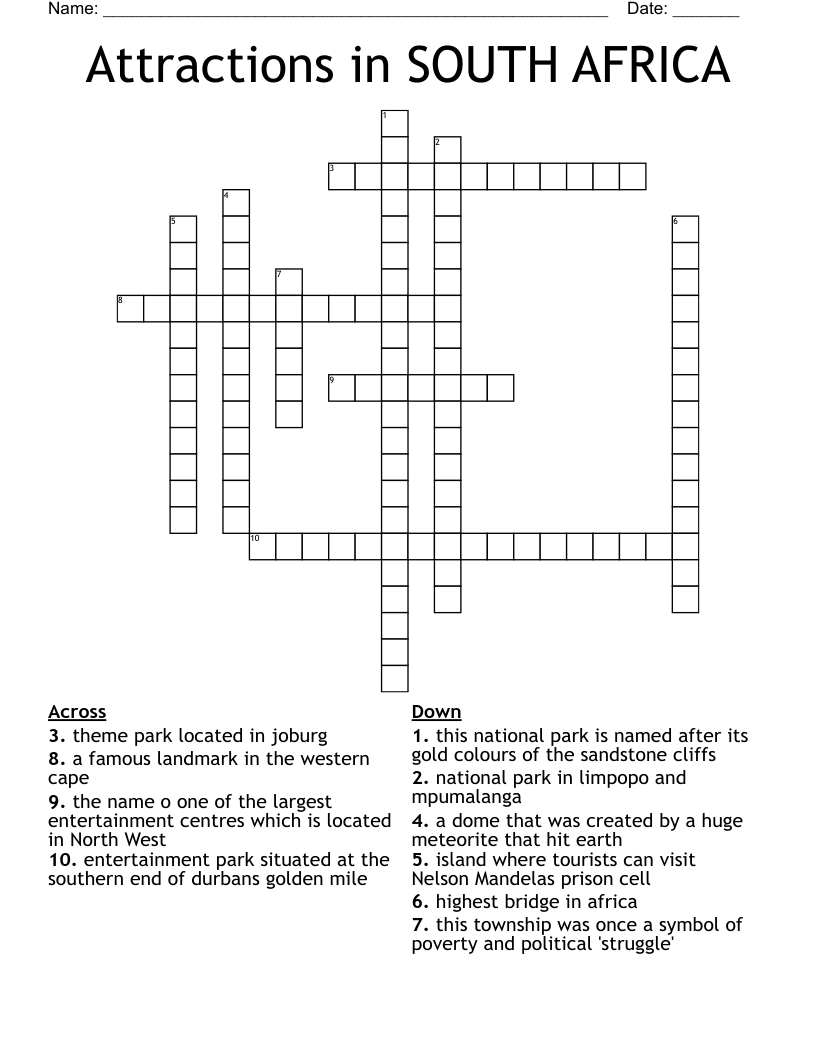 Attractions in SOUTH AFRICA Crossword