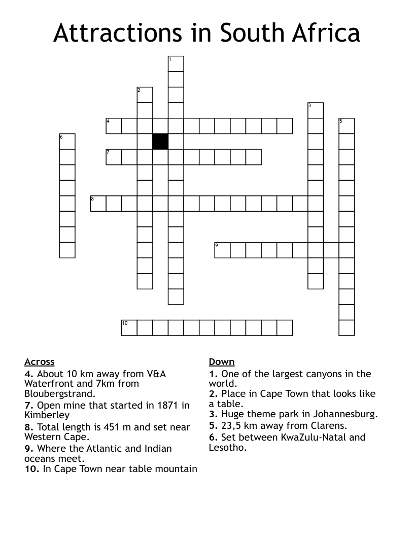 Attractions in South Africa  Crossword