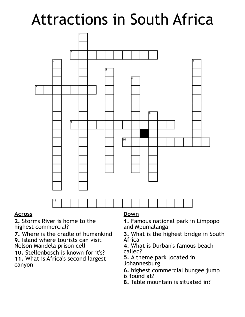 Attractions in South Africa  Crossword