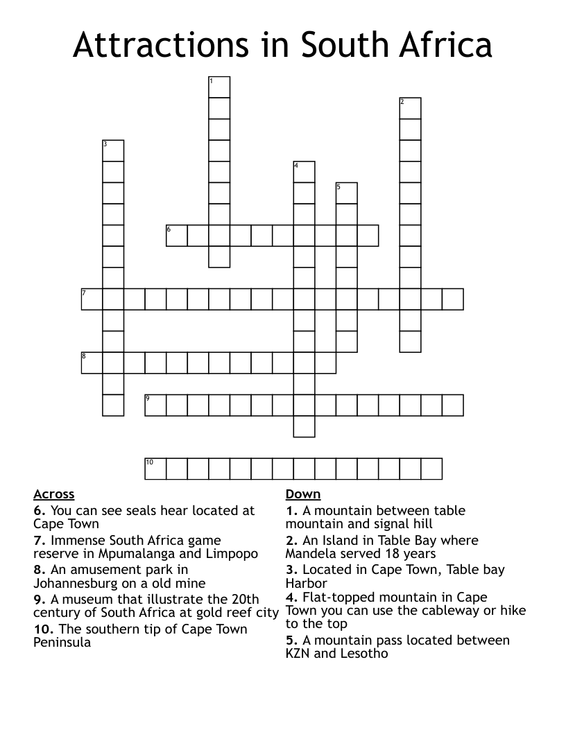 Attractions in South Africa  Crossword