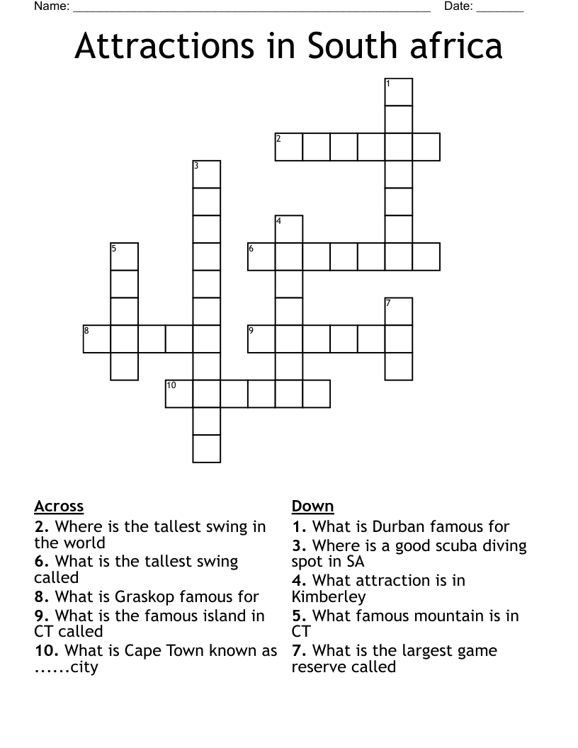 Attractions in South africa Crossword