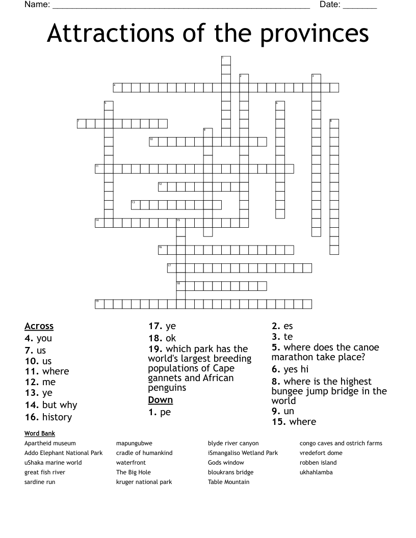 Attractions of the provinces  Crossword