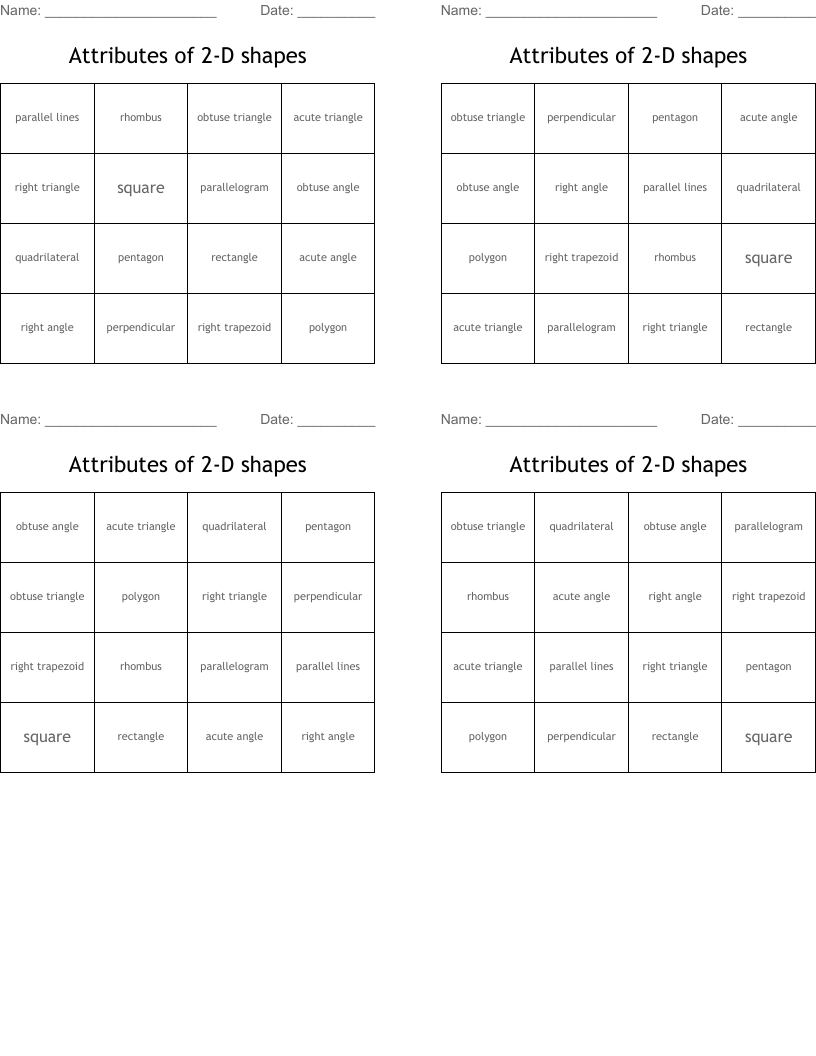 Attributes of 2-D shapes Bingo Cards