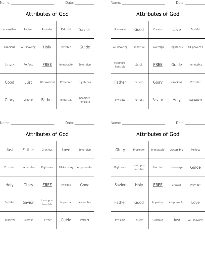 Attributes of God Bingo Cards