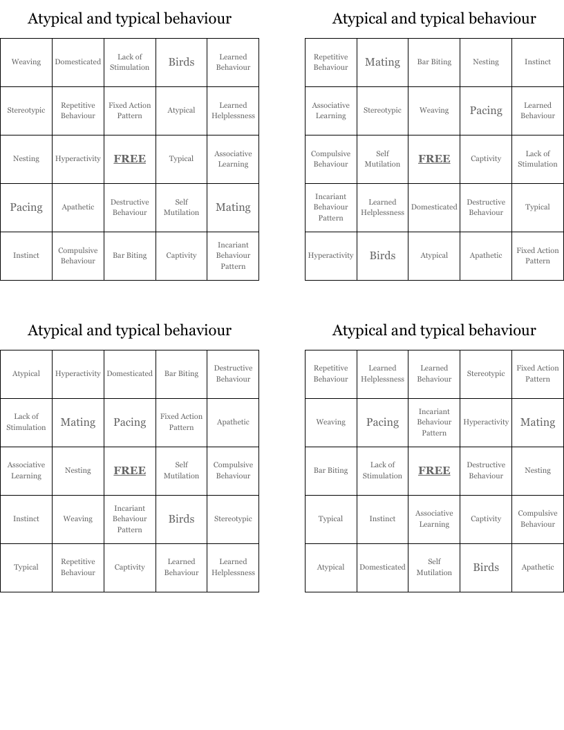 Atypical and typical behaviour Bingo Cards