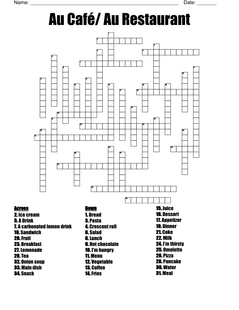 Au Café/ Au Restaurant Crossword