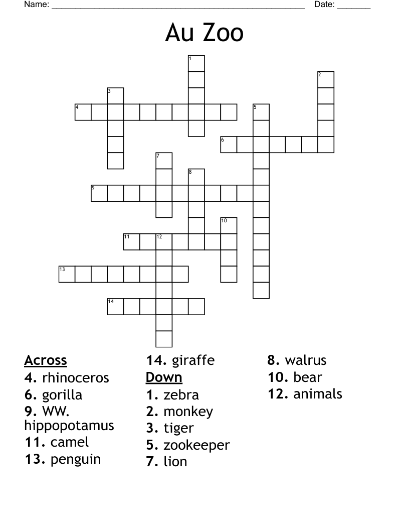 Au Zoo Crossword