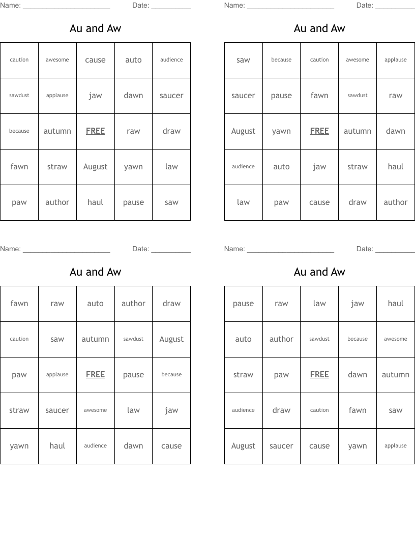 Au and Aw Bingo Cards