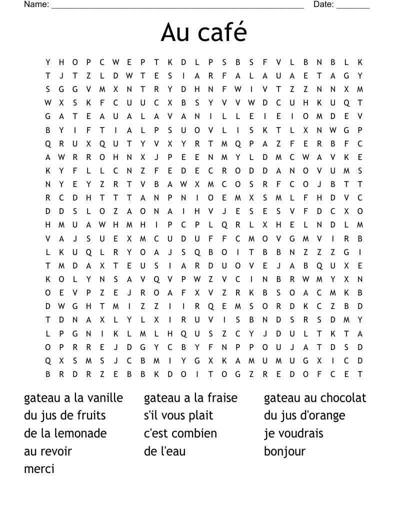 Au café Word Search