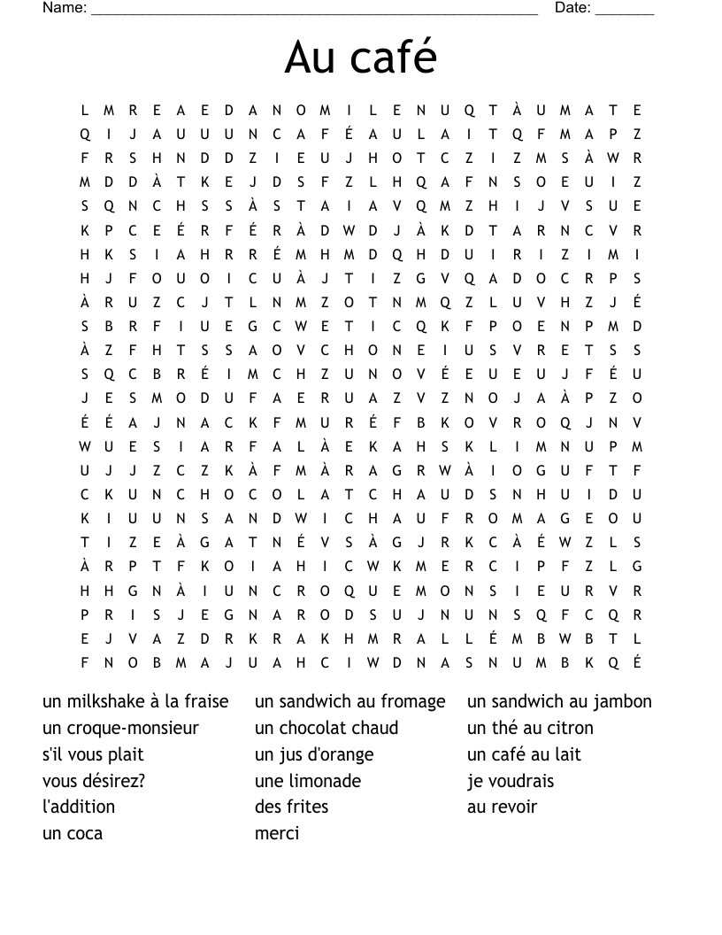 Au café Word Search