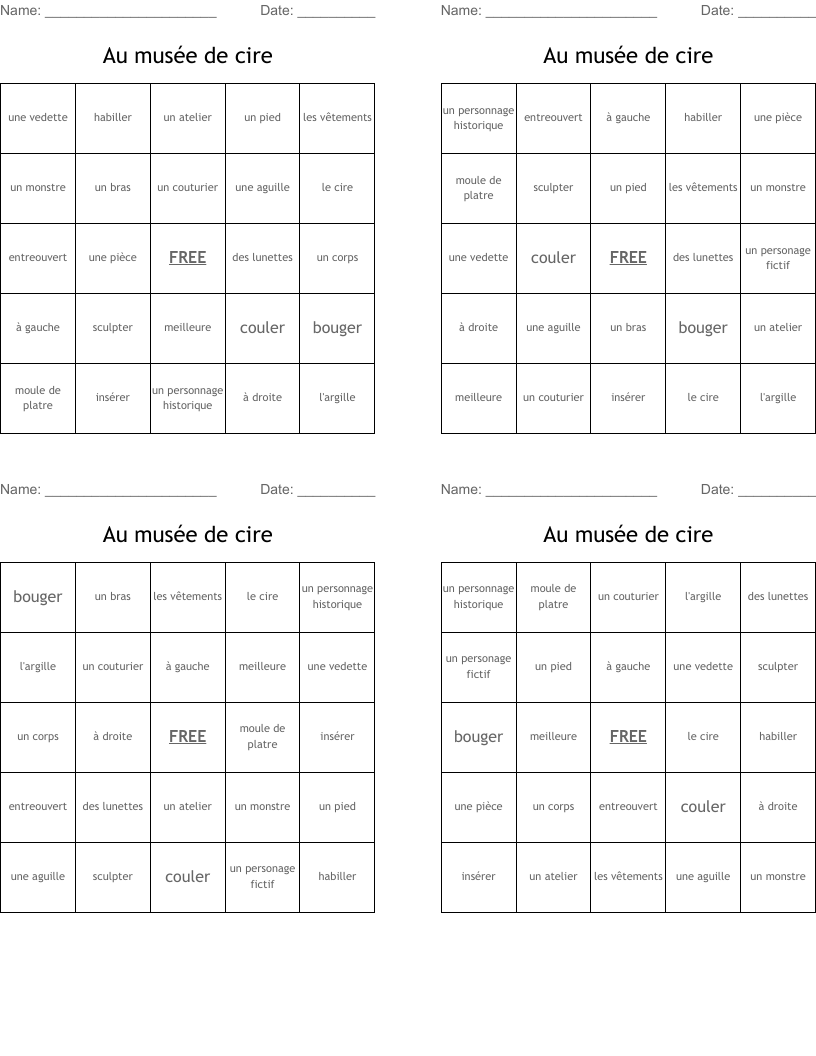 Au musée de cire Bingo Cards
