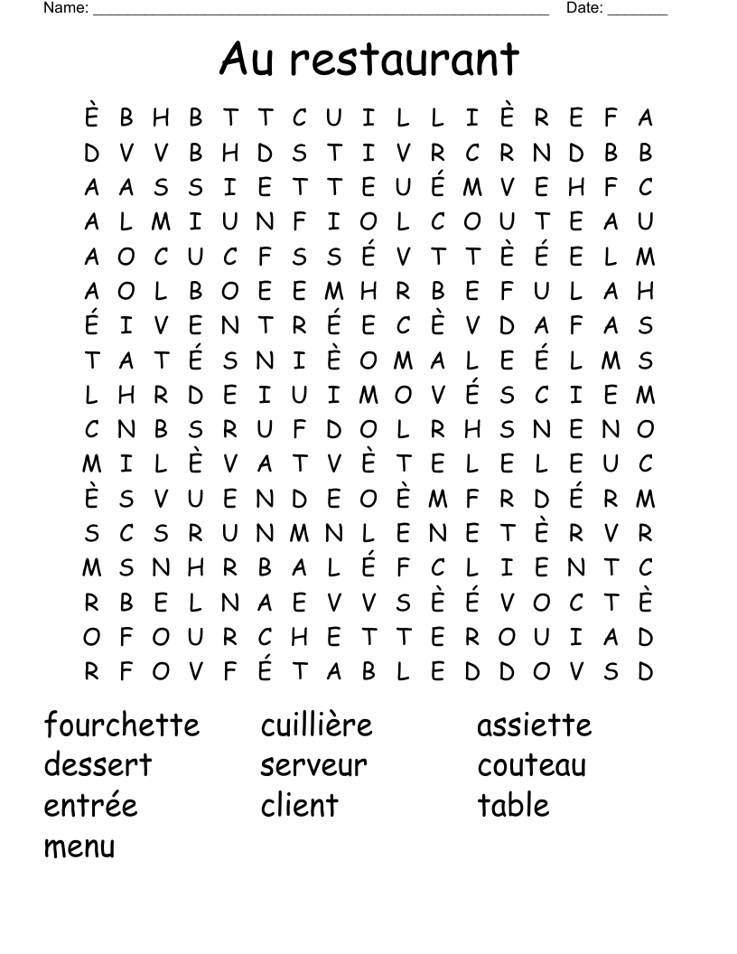 Au restaurant Word Search