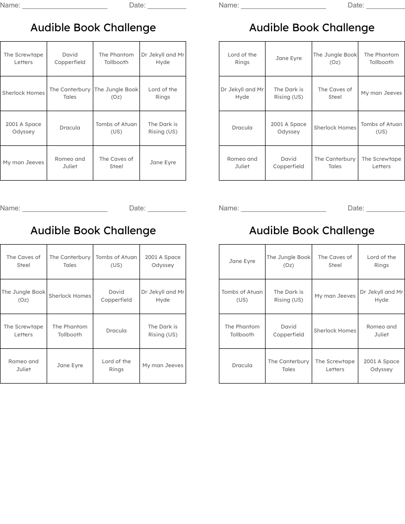 Audible Book Challenge Bingo Cards