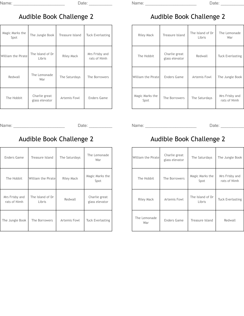 Audible Book Challenge 2 Bingo Cards
