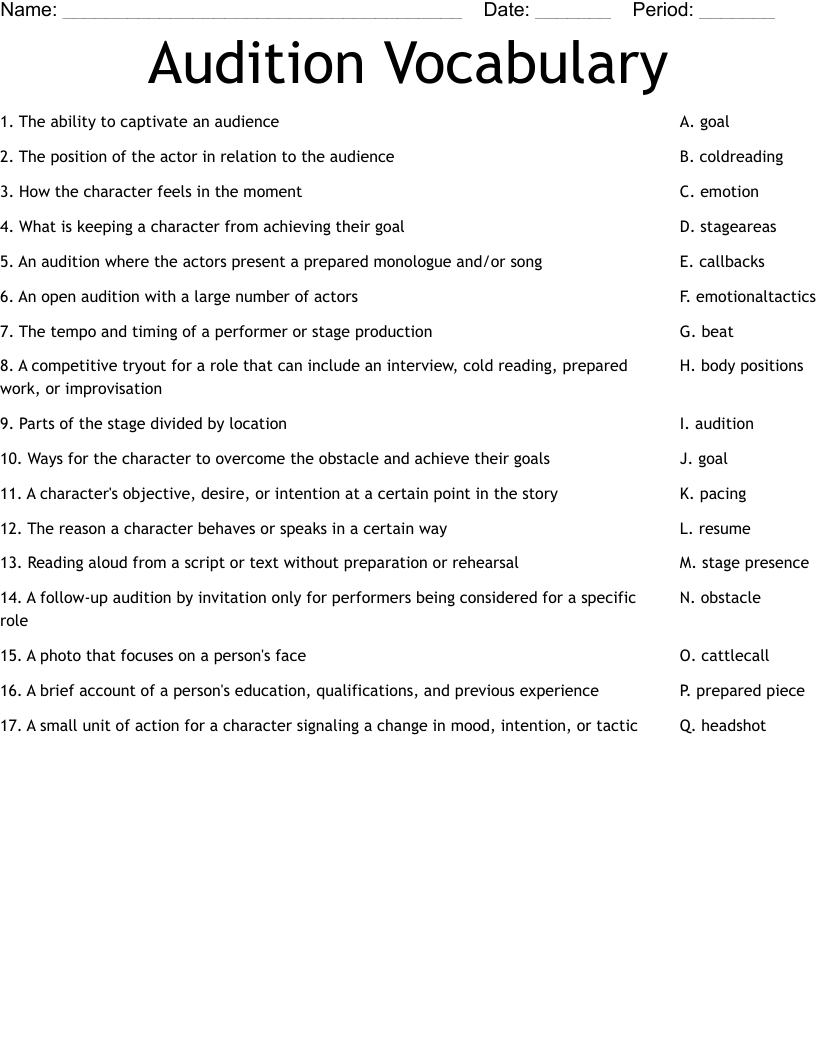 Audition Vocabulary Worksheet