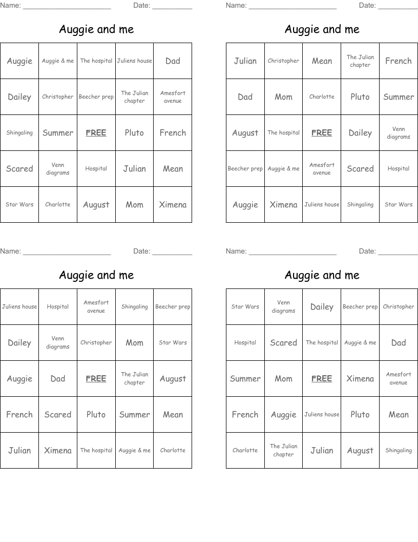 Auggie and me Bingo Cards