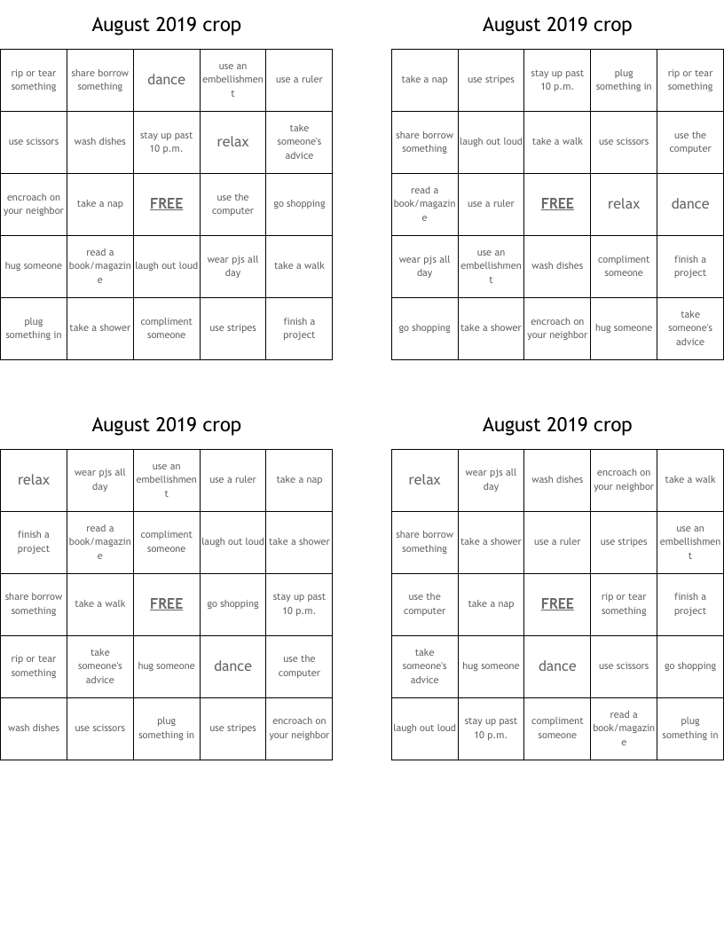 August 2019 crop Bingo Cards