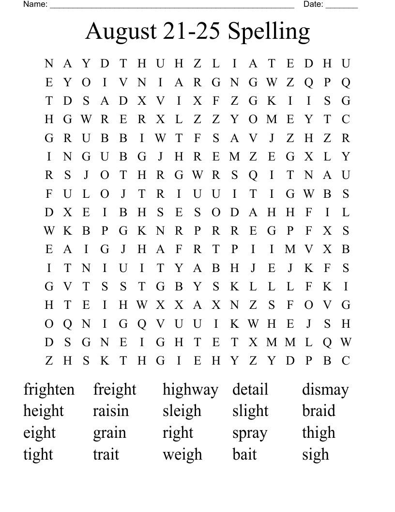 August 21-25 Spelling Word Search