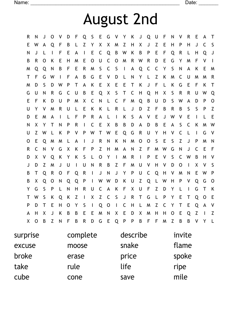 August 2nd Word Search