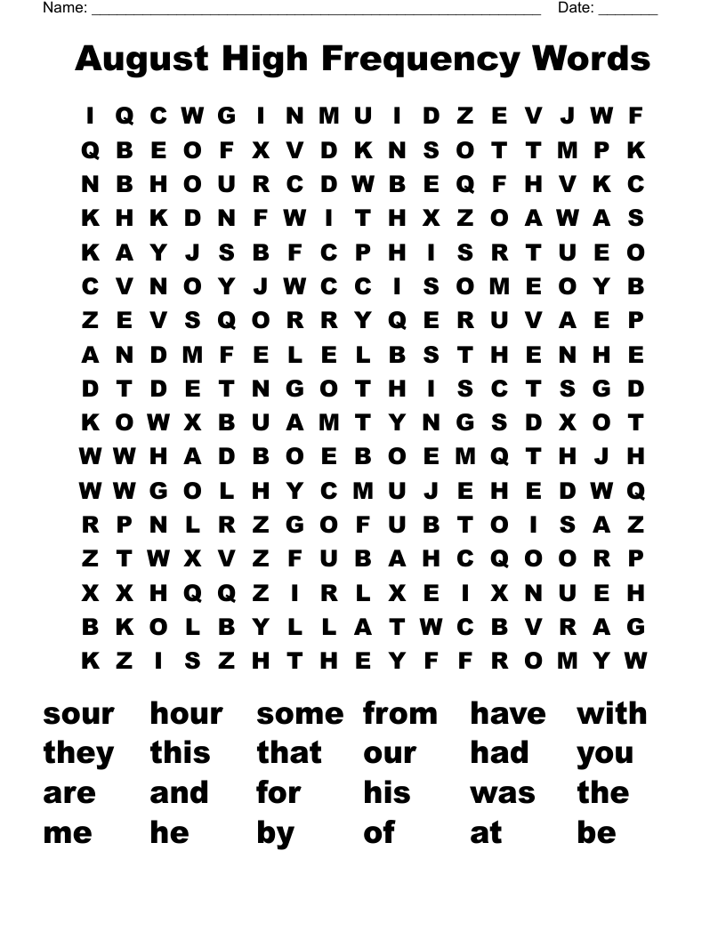 August High Frequency Words Word Search