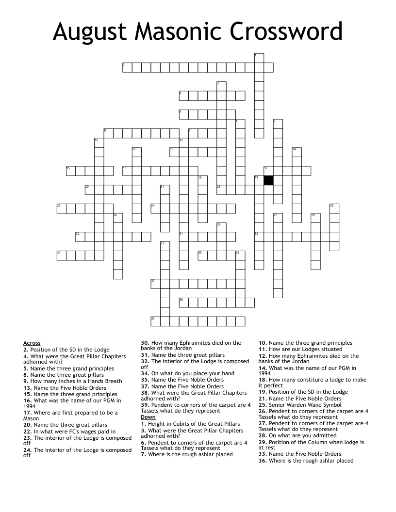 August Masonic Crossword