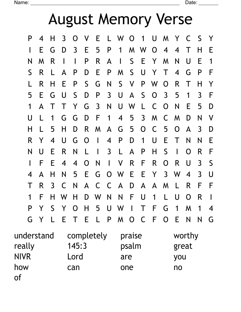 August Memory Verse Word Search
