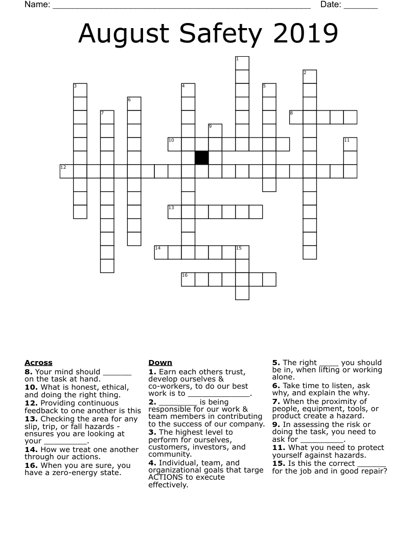 August Safety 2019 Crossword