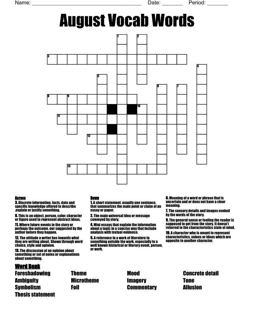 August Vocab Words Crossword