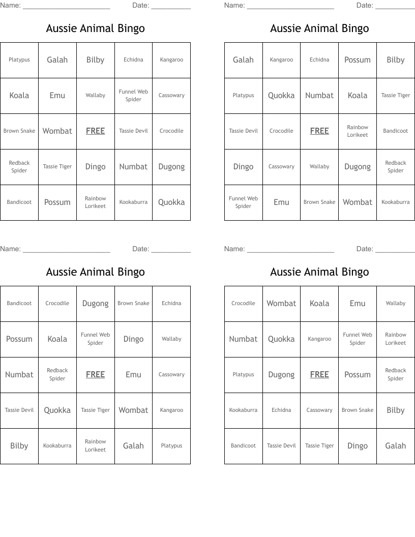 Aussie Animal Bingo 