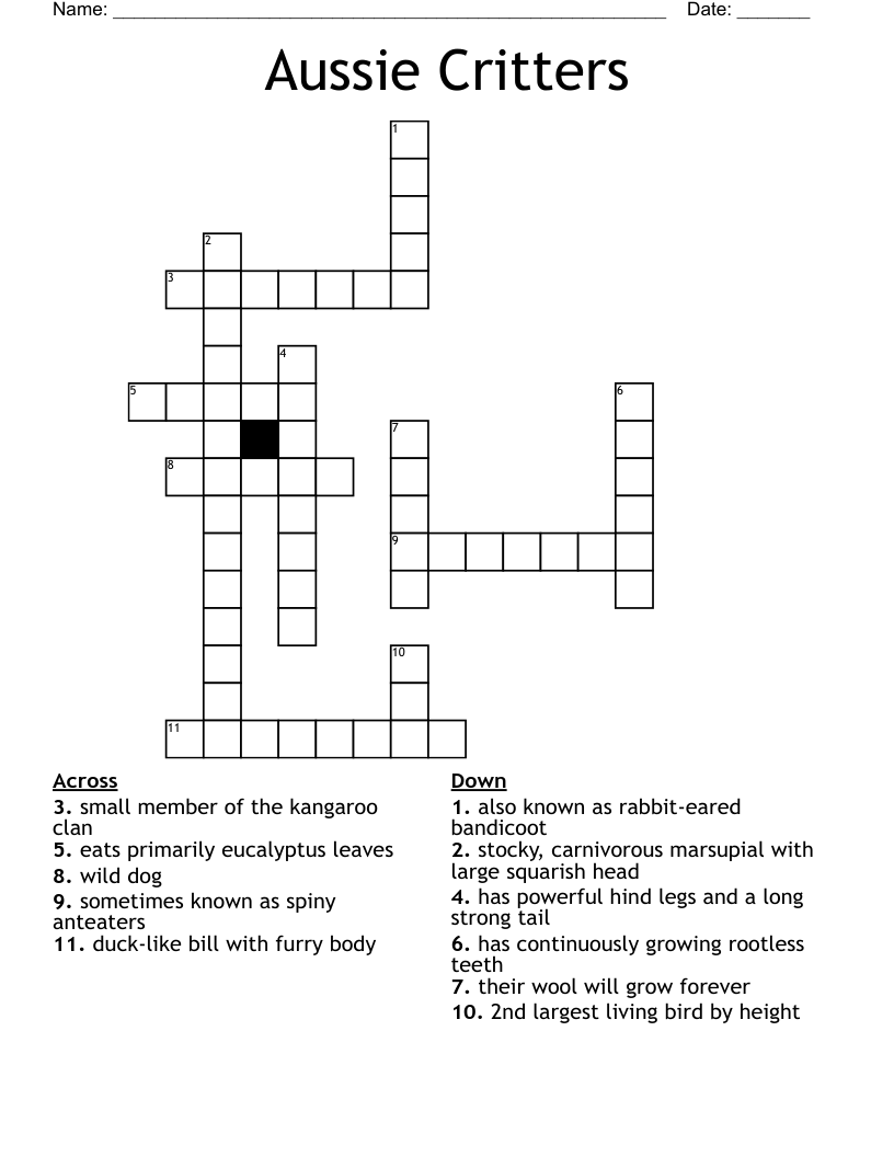 Aussie Critters Crossword