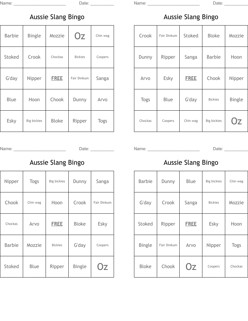Aussie Slang Bingo 