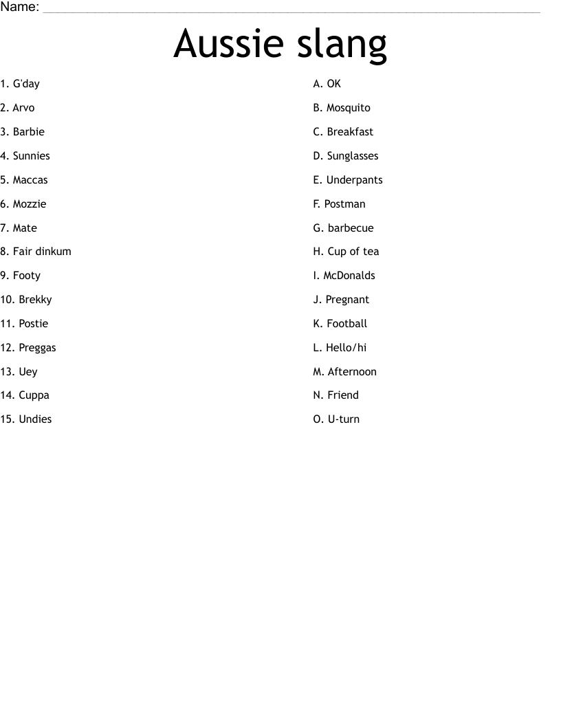 Aussie slang Worksheet