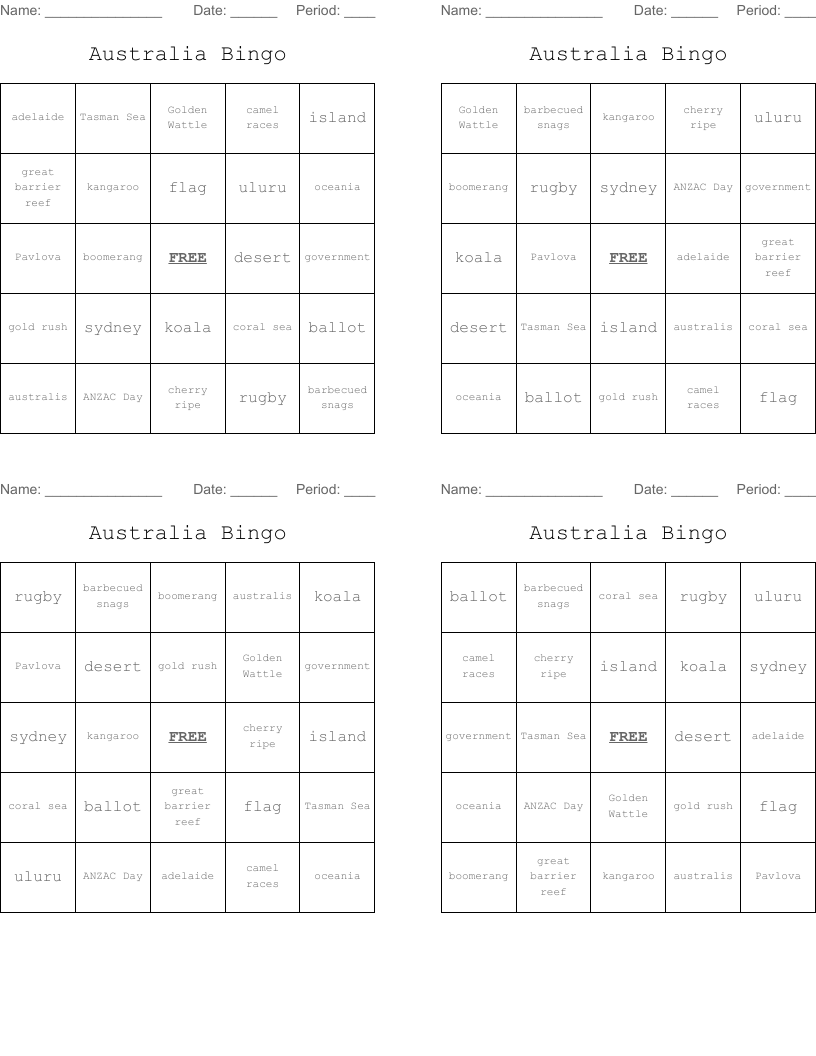 Australia Bingo